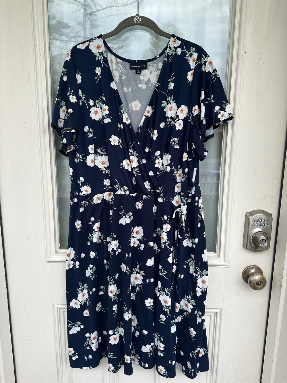 Like New Fortune + Ivy Navy Floral Faux-Wrap Dress (2X)